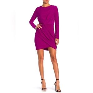Astr The Label Short Ruched Dress Long Sleeves Fuchsia High Neck